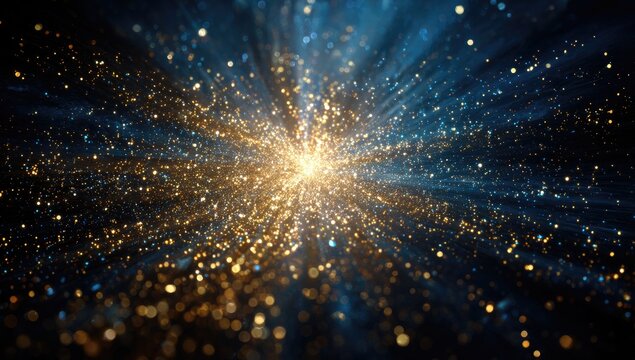 Abstract cosmic explosion of golden and blue particles
