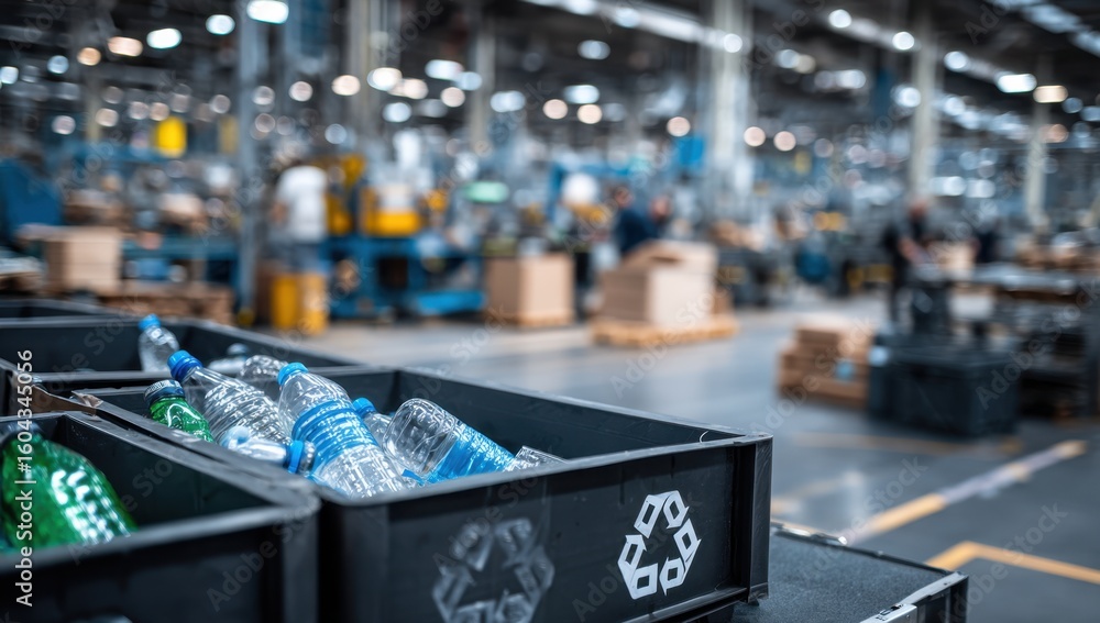 Poster recyclable plastic bottles fill containers in a bright industrial setting ready for processing and c