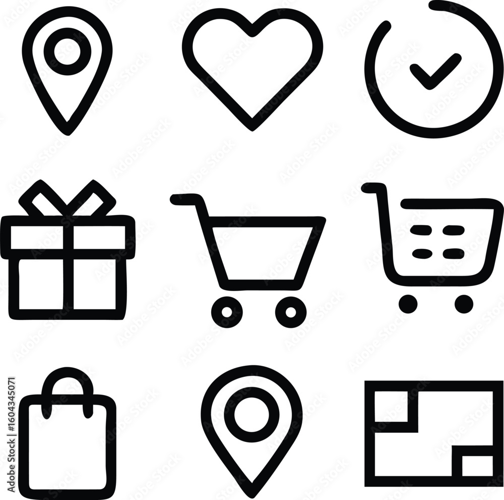 Poster collection of thin outlined icons representing various concepts symbols
