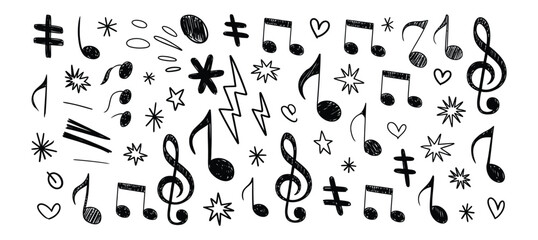 Vector art of handdrawn music notes and symbols on white background