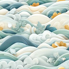 Fototapeta premium Abstract Paper Cut Wave Illustration with Blue Green and Gold Accents