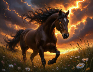Magnificent brown fiery horse in a field against the background of thunderclouds and lightning, close-up, year of the horse