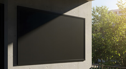 Fototapeta premium Close up of empty black poster on concrete building. Trees and sunlight in the background. Mock up
