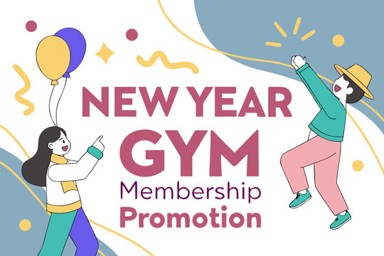 Celebrate the new year with a gym membership promotion featuring happy people and festive balloons encouraging fitness goals - Powered by Adobe