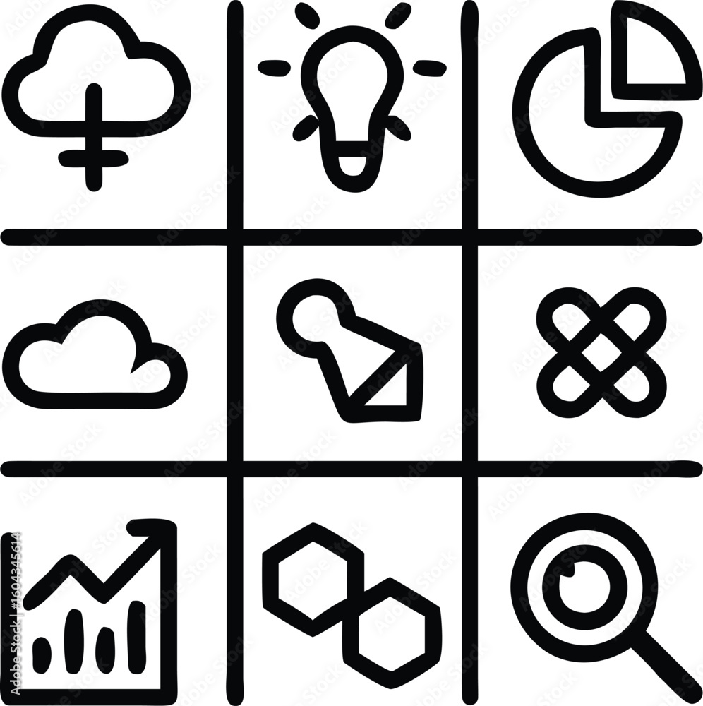 Poster twenty line art icons of various objects graphic