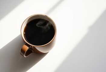 Aromatic black coffee in a cup, sunlight casts shadows on a white table Scandinavian minimalist morning scene, serene, white table
