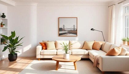 Fototapeta premium Bright, cozy living room with light sofa, warm pillows, round table, potted plant, cozy space, sofa