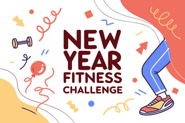 Embark on a new year fitness challenge with a vibrant and energetic design featuring a runner and celebratory elements