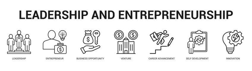 Leadership and Entrepreneurship Modern and clean web banner illustration featuring thematic icons for visual communication