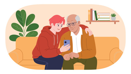 Two friends sitting on couch sharing smartphone screen—casual indoor scene with bright colors, relaxed vibes, and digital interaction