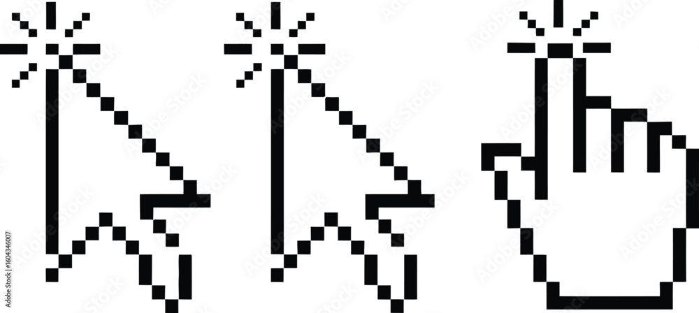 Poster three pixelated cursor icons including arrow and hand pointer