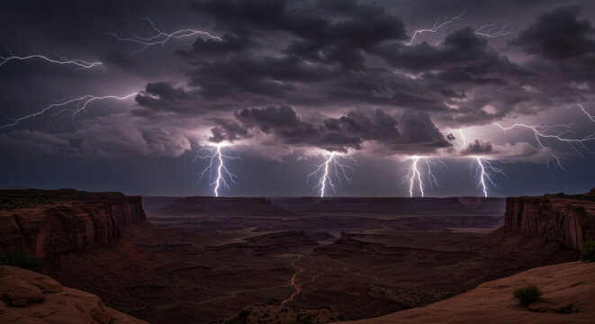 A spectacular display of multiple lightning strikes illuminates a vast desert canyon under a dark, stormy sky.