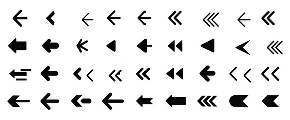 Vector art of a collection of black arrows pointing in various directions showcasing different styles and shapes on a white background