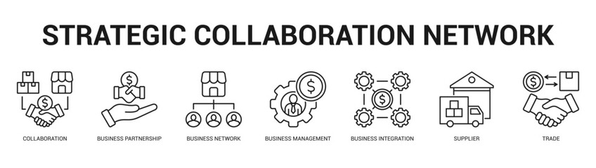 Strategic Collaboration Network Modern and clean web banner illustration featuring thematic icons for visual communication