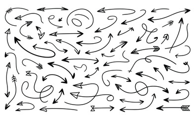 Naklejka premium Vector art of a diverse collection of handdrawn arrows in black ink on a white background