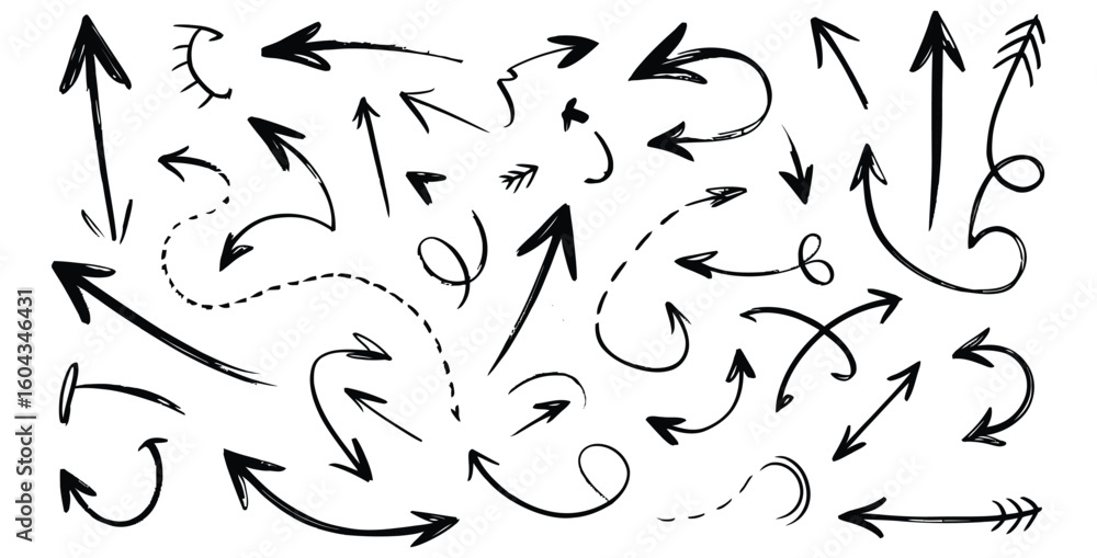 Poster vector art of a diverse set of handdrawn black arrows pointing in various directions on a white back