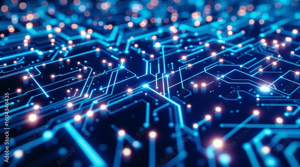 Poster a close up view of a blue circuit board with glowing lights and intricate interconnected pathways de