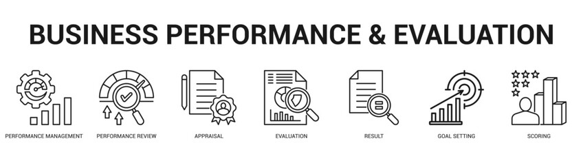 Business Performance and Evaluation Modern and clean web banner illustration featuring thematic icons for visual communication