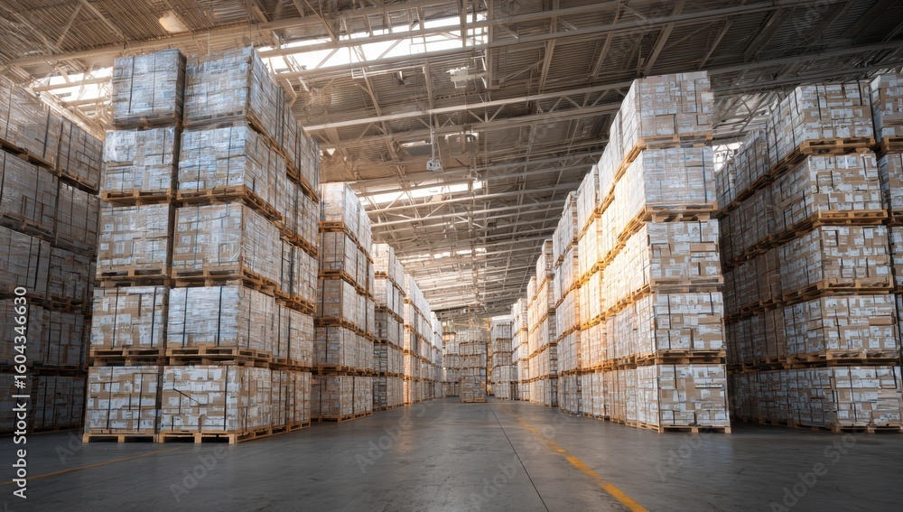 Poster rows of stacked pallets stretch into the distance in a vast warehouse illuminated by natural light c