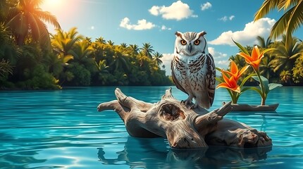 Wise owl perched on driftwood in tropical turquoise water