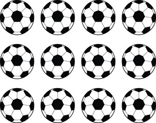 Collection of twelve black and white soccer balls arranged in three rows