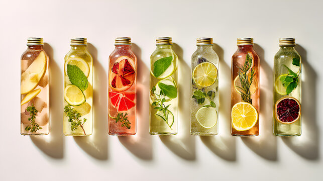 Flat lay of seven prebiotic sodas in clear bottles with citrus and herbs, arranged on white background. Excellent for wellness brands, colorful packaging, drink campaigns. detox, fresh, clear, minimal