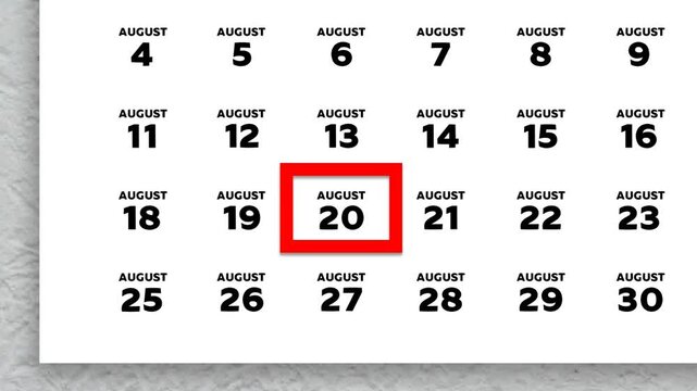 The date August 20th marked with a red cursor on the wall calendar 2025