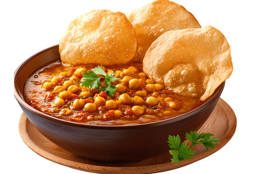  Indian food, chole bhature (chickpea curry with fried bread) with papadum (crispy lentil wafers) in a bowl and poori (fried bread) on the side, transparent background PNG