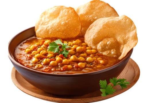  Indian food, chole bhature (chickpea curry with fried bread) with papadum (crispy lentil wafers) in a bowl and poori (fried bread) on the side, transparent background PNG - Powered by Adobe