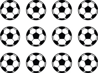 Collection of twelve black and white soccer balls arranged in three rows