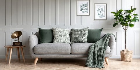Stylish modern interior with gray sofa, decorative plant, and unique wall art for a fresh look.