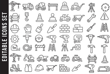  Construction Site and Building Tools Line Art Icon Set