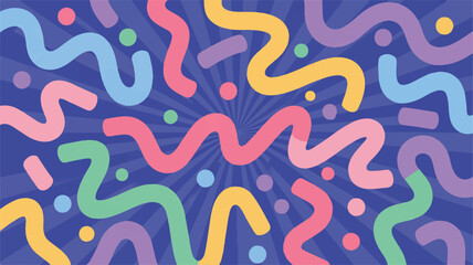 Retro Wavy Lines and Circles Pattern on Blue Sunburst Background abstract