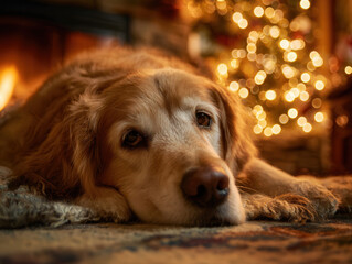Golden retriever dog resting peacefully by warm fireplace with christmas tree lights creating cozy holiday atmosphere at home
