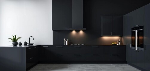 Sleek dark gray minimalist kitchen with modern design, integrated appliances, and subtle lighting,  sleek kitchen,  stylish