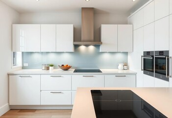 Sleek white handleless kitchen, glass backsplash, integrated induction hob,  clean,  glossy