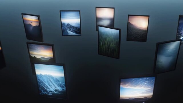 Floating framed landscape photos on dark gallery wall with dramatic lighting and shadows
Concept of visual memory and curated perception