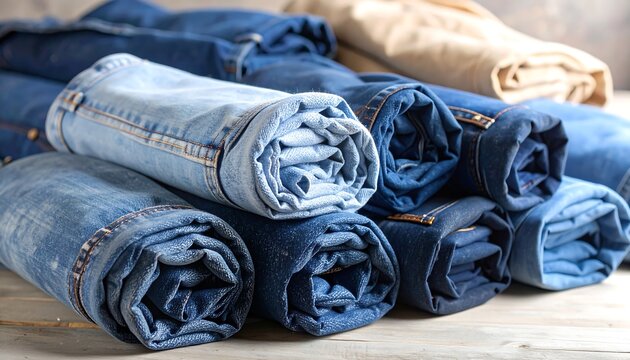 Rolled jeans in various shades of denim