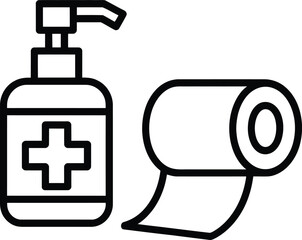 Hand sanitizer bottle with a cross symbol and a roll of toilet paper