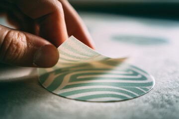 Hand peeling circle paper with design on textile for crafting or art projects