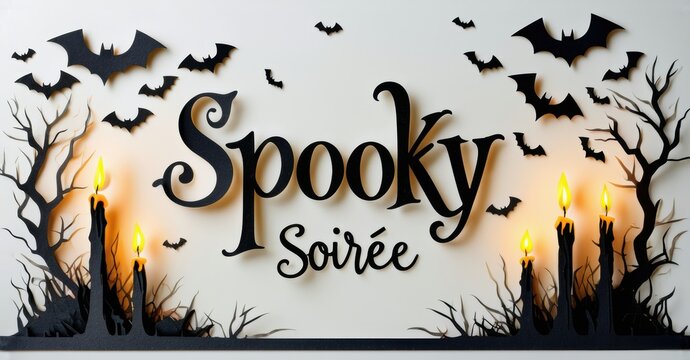 Halloween design features spooky soirée text, bats, candles, trees. Dark silhouettes create eerie atmosphere. Festive, seasonal imagery.