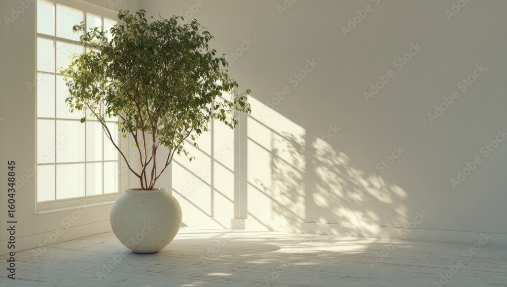Poster serene interior scene featuring a potted tree bathed in soft sunlight streaming through a window cre