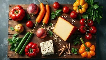 Fresh Vegetarian Ingredients and Cheese on Rustic Wooden Board