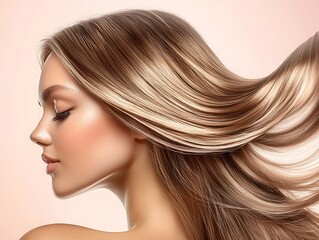 Naklejka premium Beautiful profile of a young woman with flowing hair showcasing elegance and softness against a light background