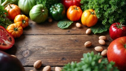 Fresh Organic Vegetables and Nuts on Rustic Wooden Background