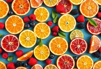 Vibrant overhead seamless pattern of sliced citrus fruits & berries,  orange,   repeat