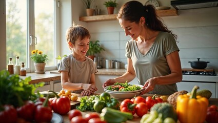Mother and Child Preparing Healthy Vegan Salad Together