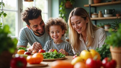 Happy Family Preparing Fresh Fruits and Vegetables Together