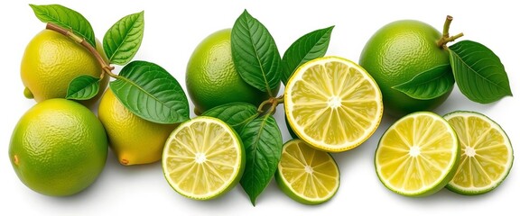 Vibrant whole and sliced limes with lush green leaves, isolated on white,  fruit,  agriculture