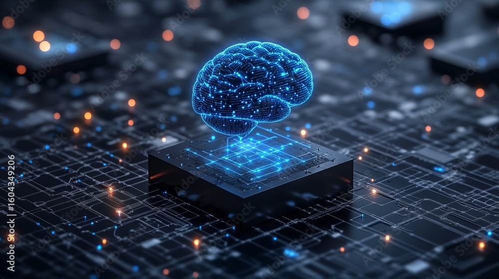 Poster 3d rendering of a blue, glowing brain icon on a black cube platform